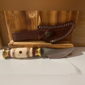 Handmade  4.25” Fixed Blade Trailing Point Knife Custom W/Leather Sheath